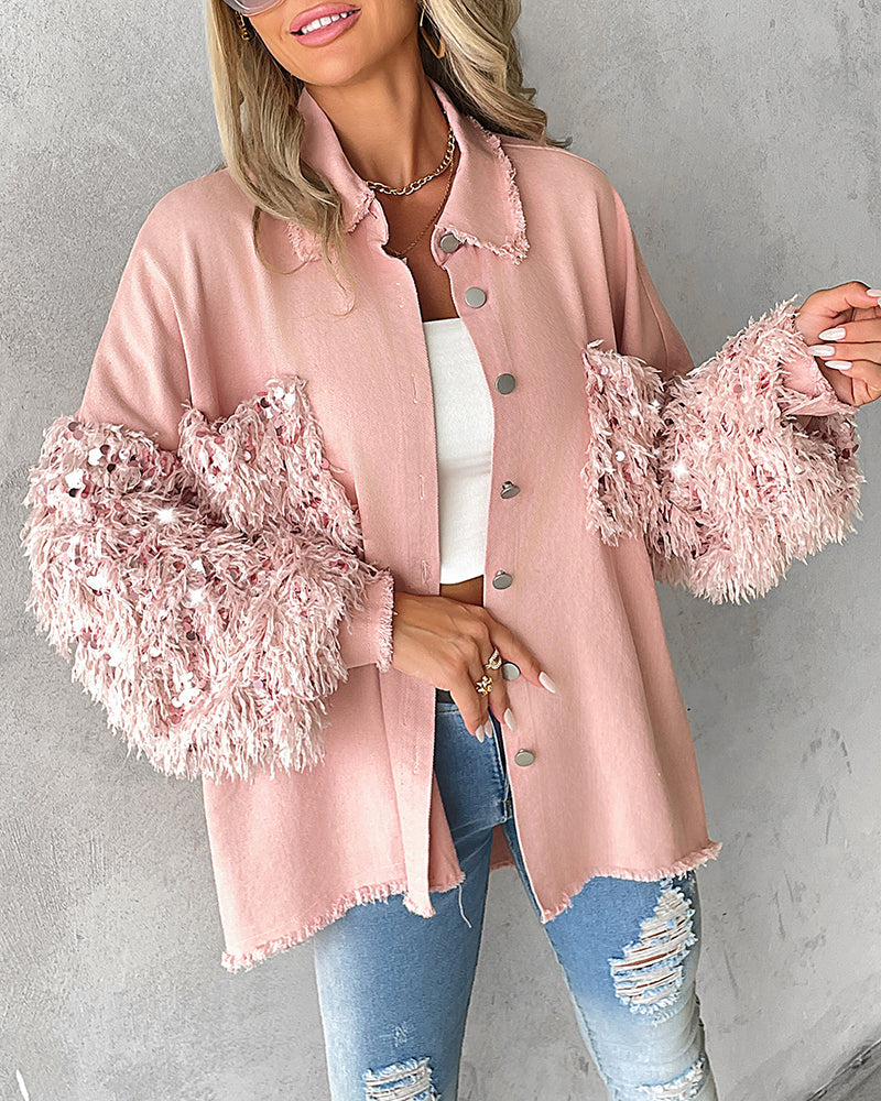 Collared Denim Coat with Sequins, Fuzzy Trim, and Pockets