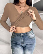 Rib Knit Notch Neck Long Sleeve Top with Built-In Bra