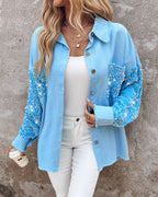 Raw Hem Sequin Patchwork Denim Shacket with Button Front
