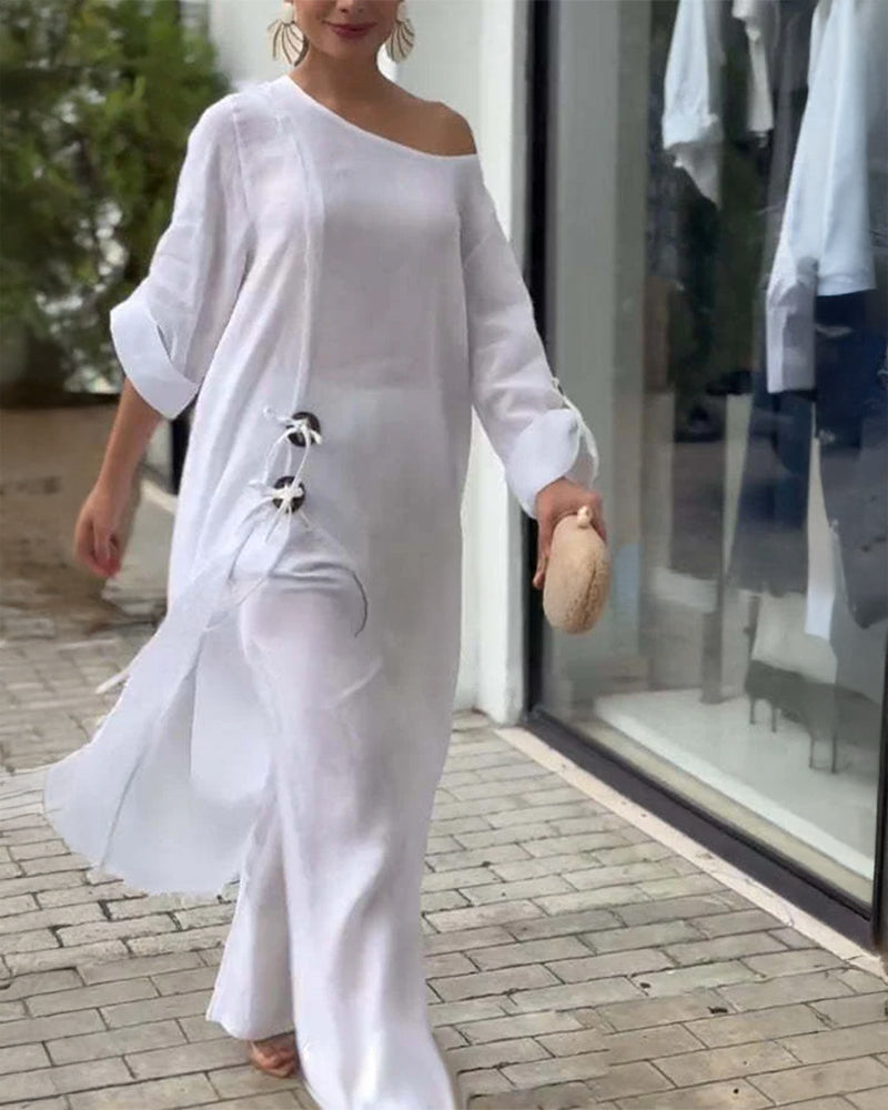 One-Shoulder Top with Coordinating Wide-Leg Pants Set