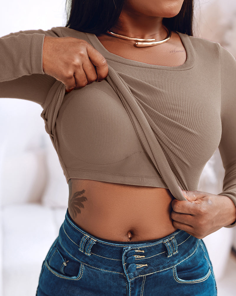 U-Neck Long-Sleeve Tee with Integrated Bra: High-Stretch Knit Top