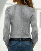Asymmetrical Button Detail Ribbed V-Neck Long Sleeve Knit Tee