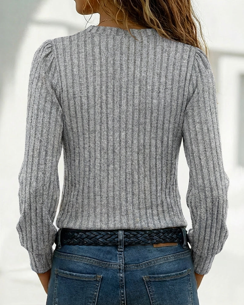 Asymmetrical Button Detail Ribbed V-Neck Long Sleeve Knit Tee