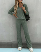 2-Piece V-Neck Button Top and Straight Leg Casual Pants Set