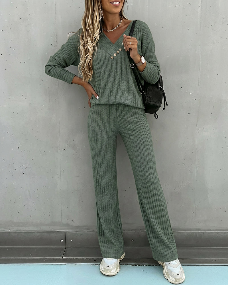 2-Piece V-Neck Button Top and Straight Leg Casual Pants Set