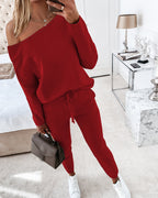2-Piece Asymmetrical Neck Sweater and Drawstring Slim-Fit Pants Set