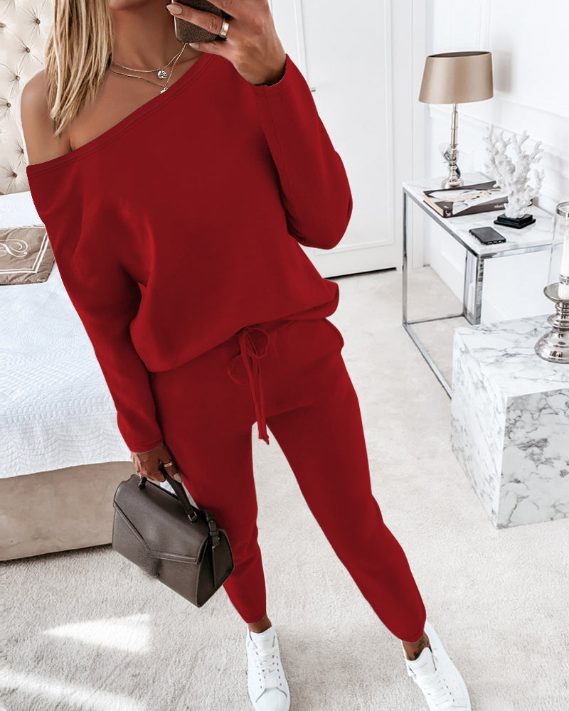2-Piece Asymmetrical Neck Sweater and Drawstring Slim-Fit Pants Set