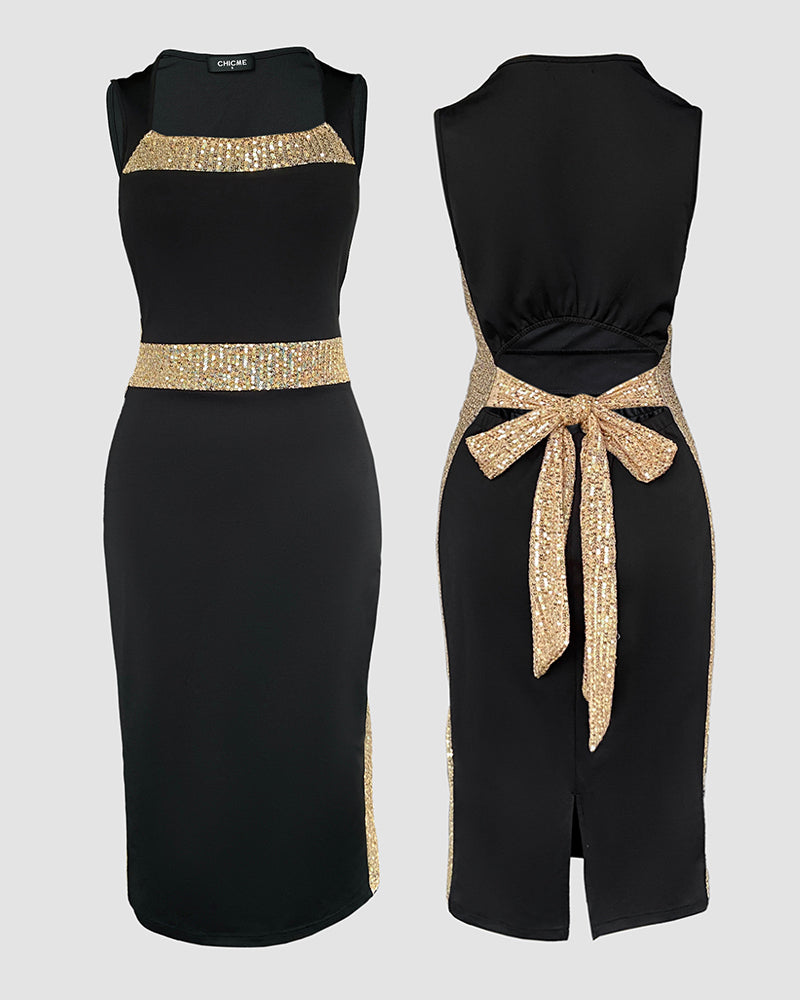 Square Neck Sleeveless Dress with Bowknot and Mid-Calf Slit