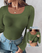 U-Neck Long-Sleeve Ribbed Top Featuring Integrated Bra Support