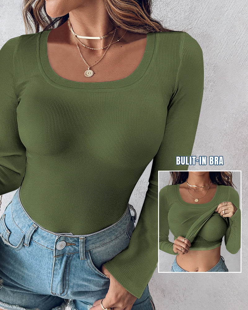 U-Neck Long Sleeve Ribbed Top with Built-In Bra