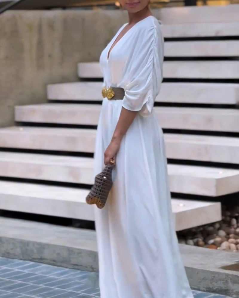 Deep V-Neck Jumpsuit with Ruched Sleeves and Waist Ties