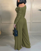 Pearl-Adorned Asymmetrical Neck Ruched Jumpsuit with Cinched Waist