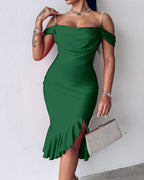 Pearl-Strap Cowl Neck Bodycon Dress with Ruffled Hem