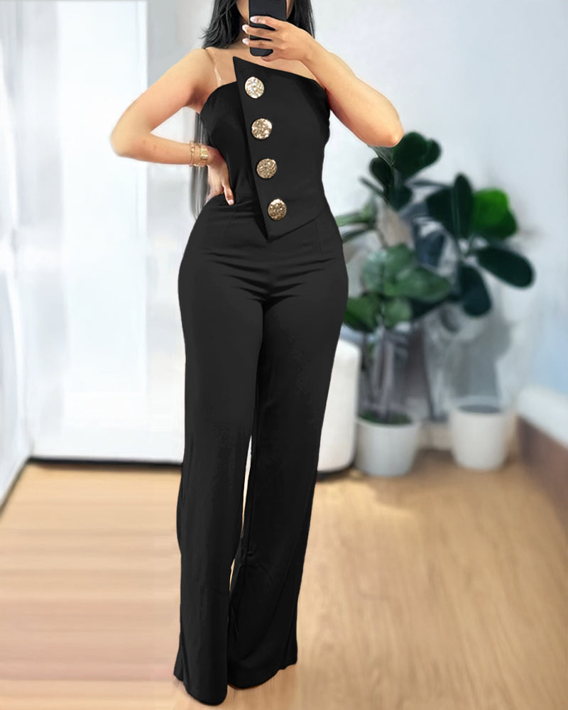 Asymmetrical Strapless Overalls with Metal Button Accents