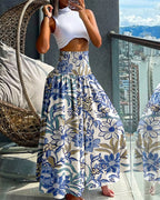Vintage Floral High-Waist Shirred Wide-Leg Pants