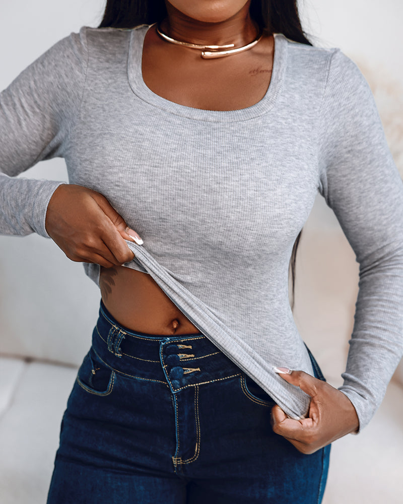 Built-In Bra U-Neck Tee Long Sleeve Stretchy Knit Top