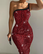 Lurex One-Shoulder Sequin Midi Dress with Spaghetti Strap