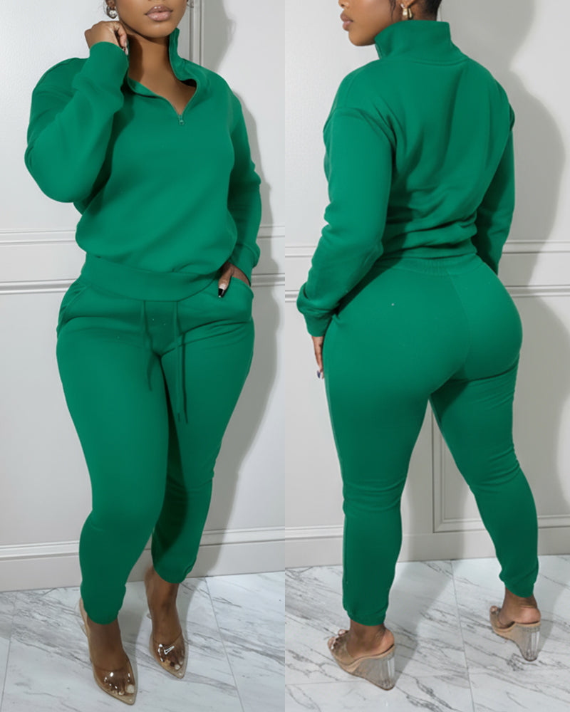 2-Piece Half-Zip High Neck Top and Drawstring Joggers Set
