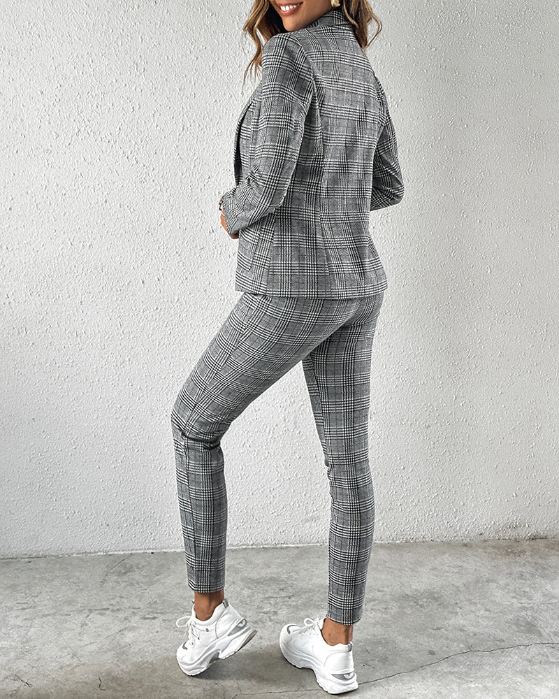 2-Piece Plaid Blazer with Notched Collar and Drawstring Pants Set