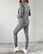 2-Piece Plaid Blazer with Notched Collar and Drawstring Pants Set