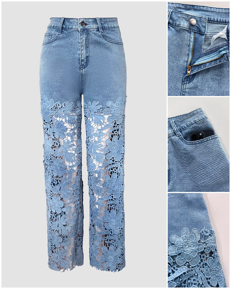 "High-Waist Wide-Leg Jeans with Guipure Lace Trim and Zipper"