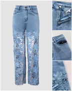 "High-Waist Wide-Leg Jeans with Guipure Lace Trim and Zipper"