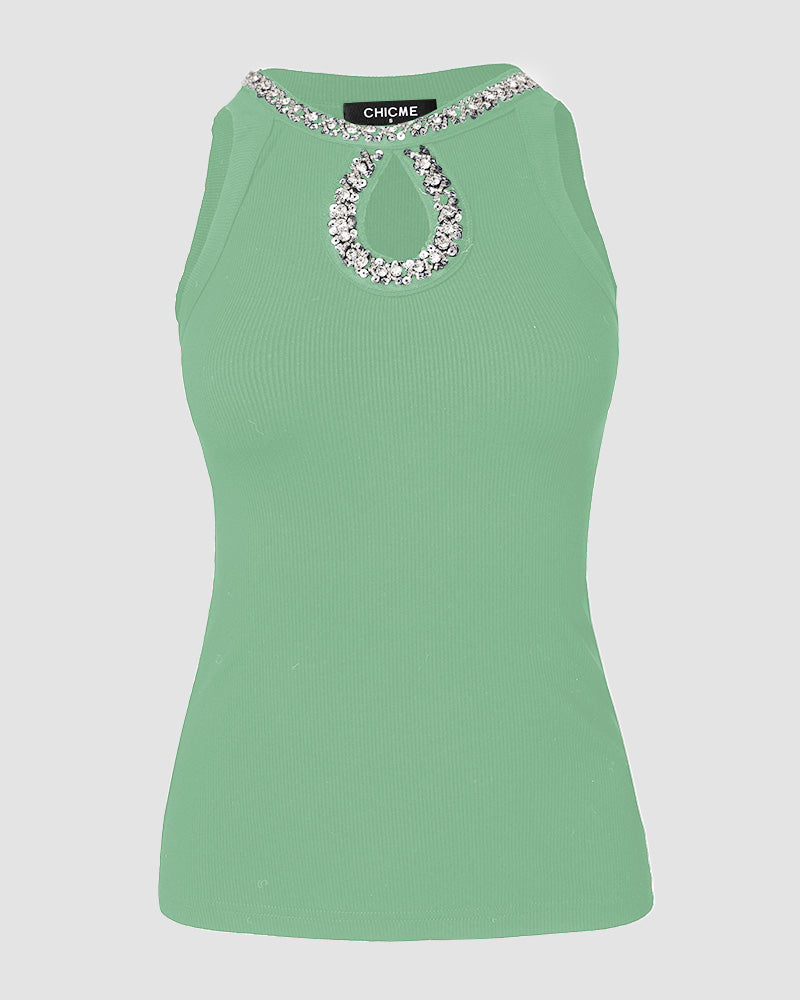 Rhinestone-Embellished Tank with Keyhole Neck and Sequin Details