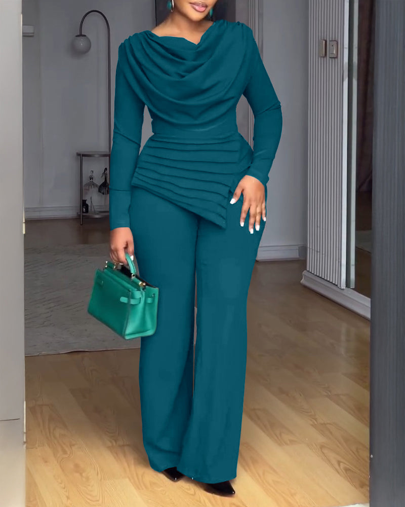 Cowl Neck Asymmetrical Cinched Waist Wide Leg Zippered Jumpsuit