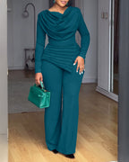 Cowl Neck Asymmetrical Cinched Waist Wide Leg Zippered Jumpsuit