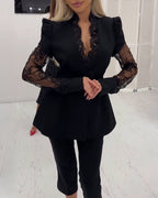 V-Neck Puff Sleeve A-Line Blazer with Eyelash Lace Trim