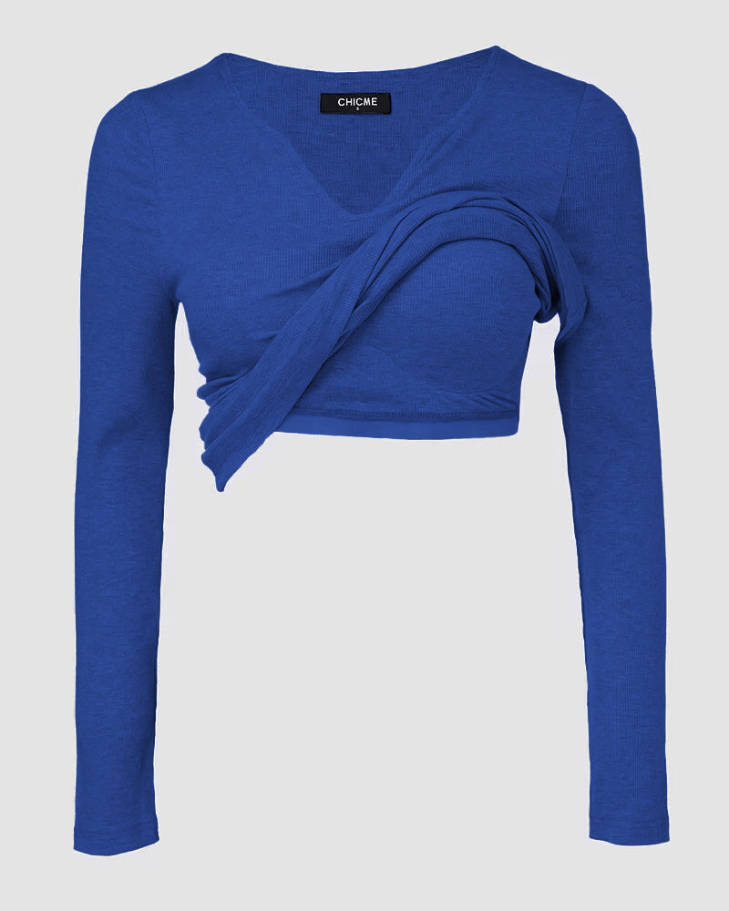 Rib Knit Notch Neck Long Sleeve Top with Built-In Bra