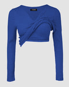 Rib Knit Notch Neck Long Sleeve Top with Built-In Bra