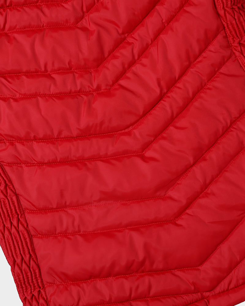 Fuzzy Trim Hooded Puffer Jacket with Shirred Zipper Pockets