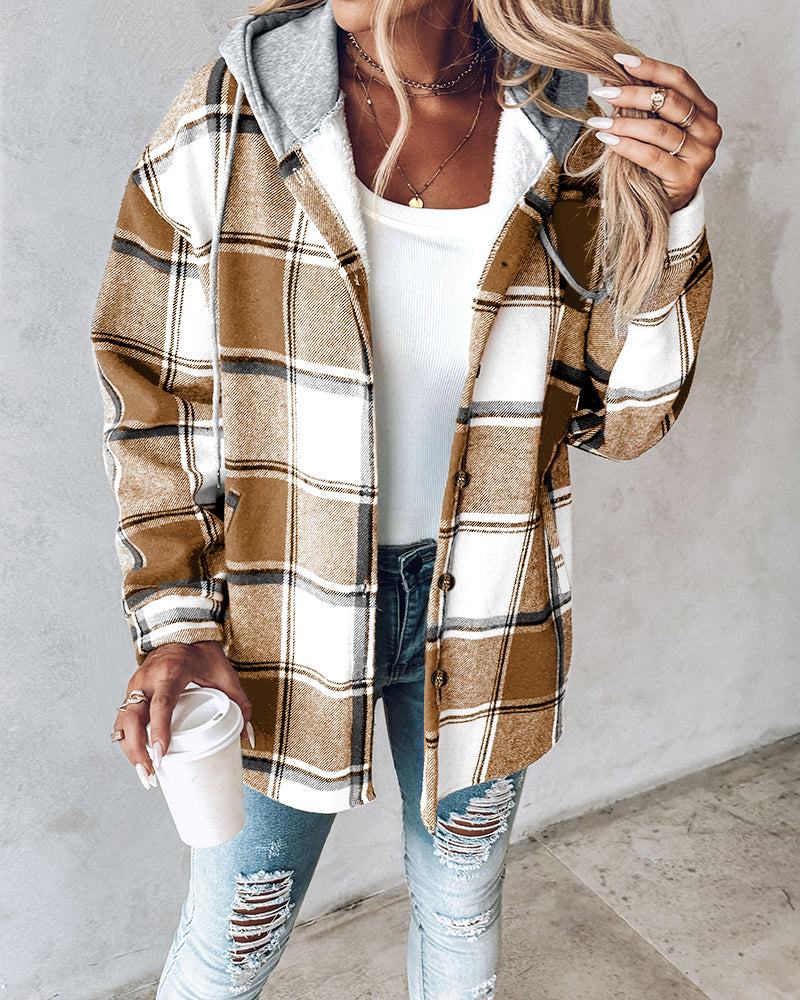 Hooded Plaid Shacket with Long Sleeves and Fleece Lining