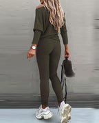 Skew Neck Pullover with High-Waist Drawstring Pants Set