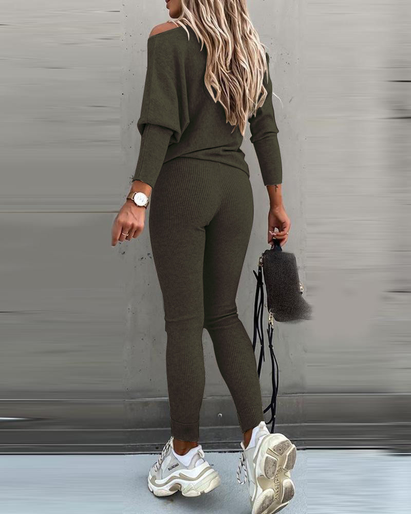 Skew Neck Pullover with High-Waist Drawstring Pants Set