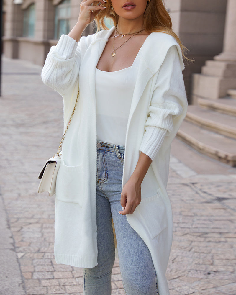 Hooded Heart Pattern Oversized Cardigan with Open Front