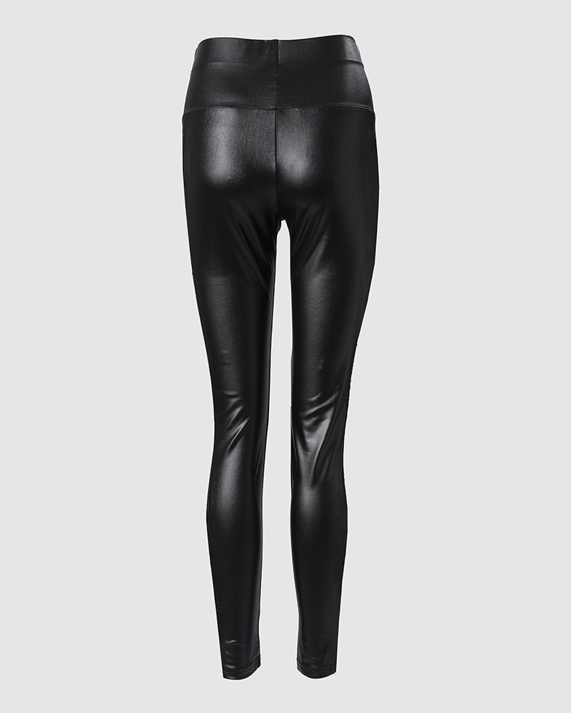Mesh Detail Rhinestone High-Waisted Skinny Faux Leather Pants