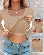 U-Neck Long Sleeve Ribbed Top with Built-In Bra