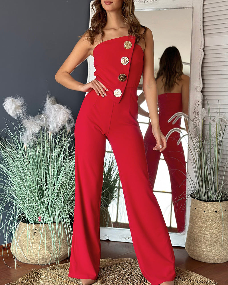 Asymmetrical Strapless Overalls with Metal Button Accents