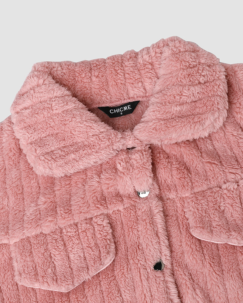Striped Teddy Fleece Jacket with Buttons and Flap Pockets