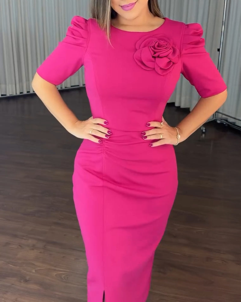 3D Floral Ruched Bodycon Dress with Puff Sleeves and Slit