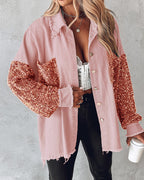 Raw Hem Sequin Patchwork Denim Shacket with Button Front