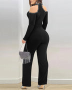 Cold Shoulder Rhinestone Halter Jumpsuit with Zipper Back