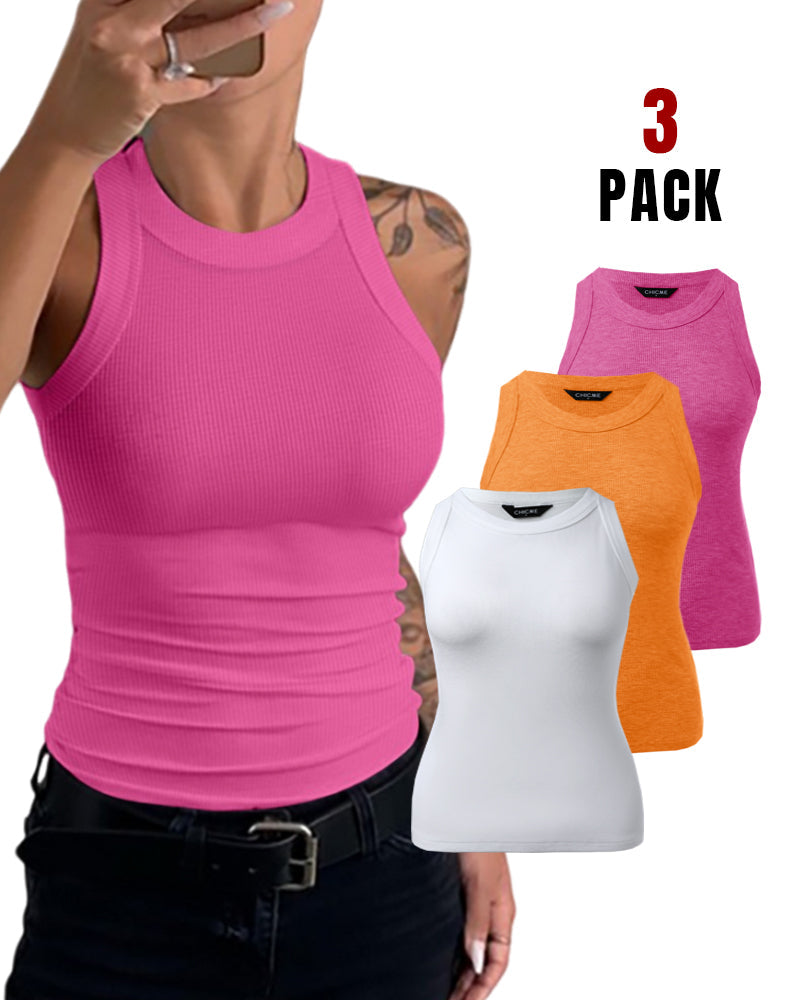 3-Pack Knit Racerback Tank Tops, Round Neck, Thick Straps