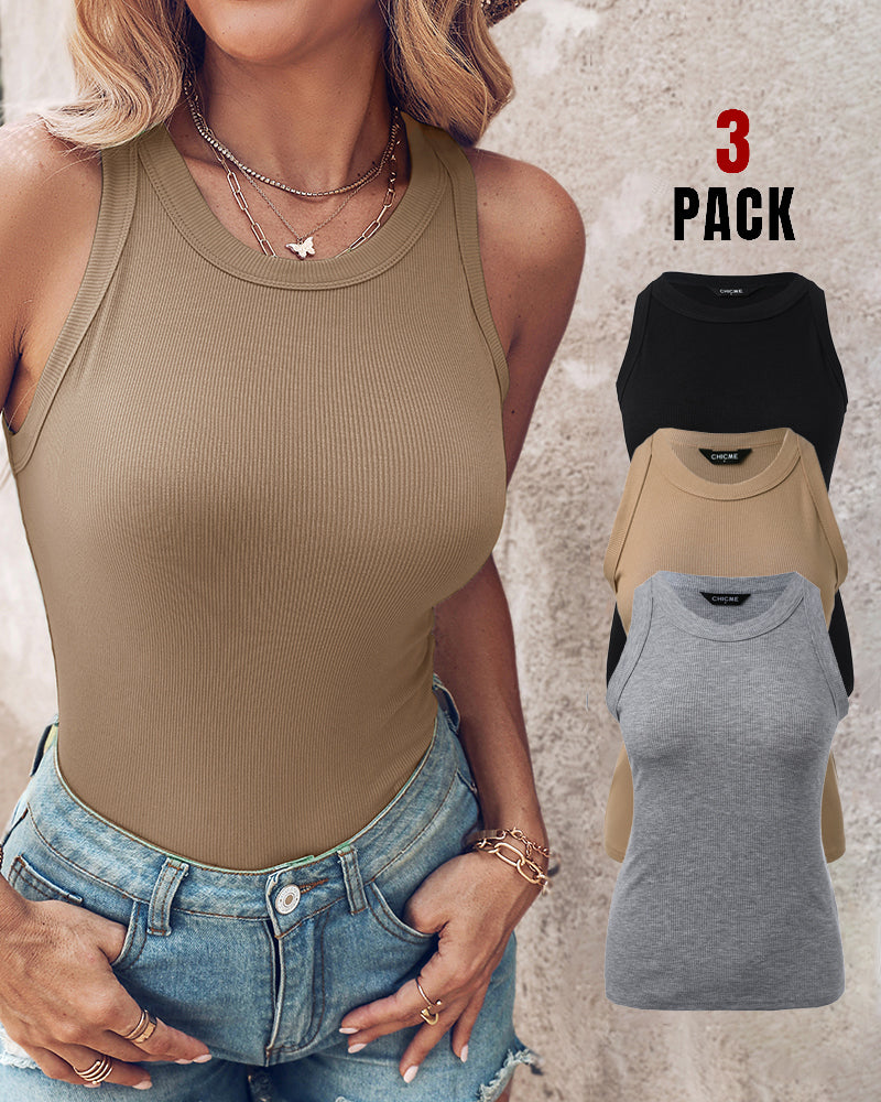 3-Pack Knit Racerback Tank Tops, Round Neck, Thick Straps