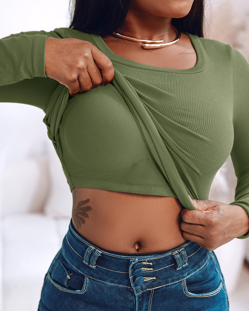 Built-In Bra U-Neck Tee Long Sleeve Stretchy Knit Top