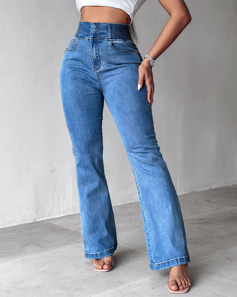 CurveEase High-Waisted Flared Skinny Jeans with Button Detail