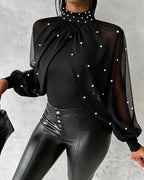 Pearl-Embellished High Neck Chiffon Tee with Draped Cape Sleeves
