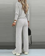 2-Piece V-Neck Button Top and Straight Leg Casual Pants Set